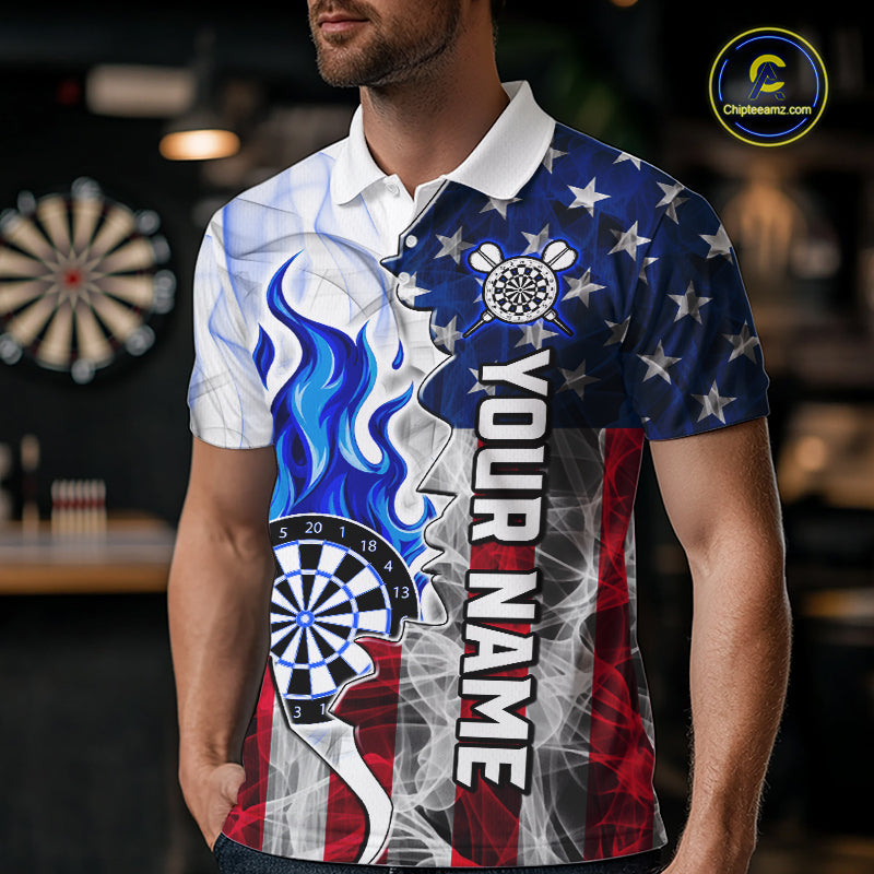 Blue Flaming Dartboard Custom US Flag Smoke Women Dart Polo & 1/4-Zip Shirt Gifts For Dart Players NYN3339