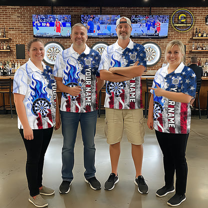 Blue Flaming Dartboard Custom US Flag Smoke Women Dart Polo & 1/4-Zip Shirt Gifts For Dart Players NYN3339