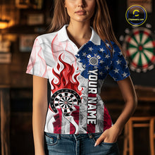 Load image into Gallery viewer, Red Flaming Dartboard Custom US Flag Smoke Women Dart Polo &amp; 1/4-Zip Shirt Gifts For Dart Players NYN3340