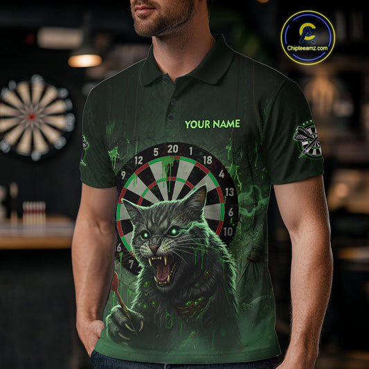 Funny Cat Green Dripping Dartboard Custom Men's Polo Darts Shirt Outfits Darts Jersey NYN1801