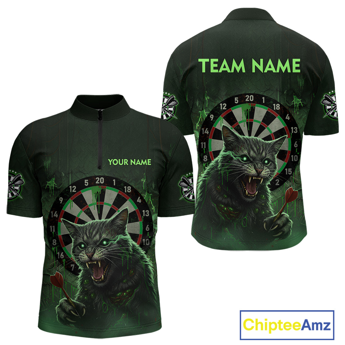 Funny Cat Green Dripping Dartboard Custom Men's Quarter-Zip Darts Shirt Outfits Darts Jersey NYN1801