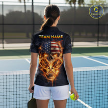 Load image into Gallery viewer, Custom US Flag Skull Fire Flame Pickleball Ball &amp; Paddle T-Shirt Pickleball Jersey For Women NYN2579