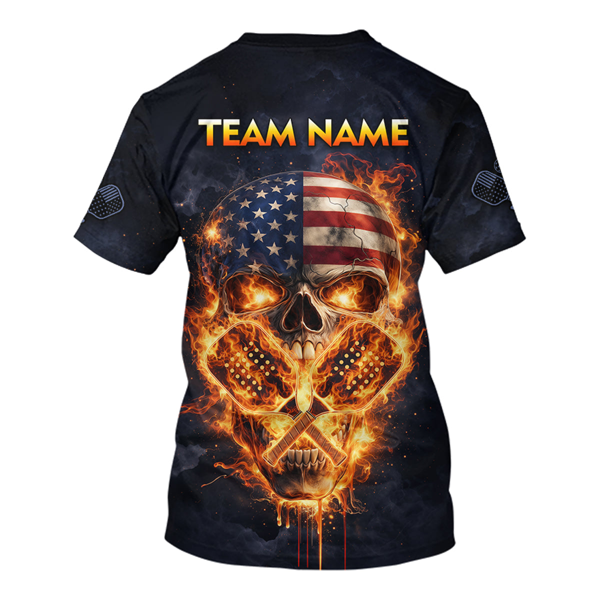 Custom US Flag Skull Fire Flame Pickleball Ball & Paddle T-Shirt Pickleball Jersey For Men NYN2579
