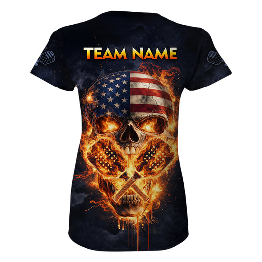 Custom US Flag Skull Fire Flame Pickleball Ball & Paddle T-Shirt Pickleball Jersey For Women NYN2579