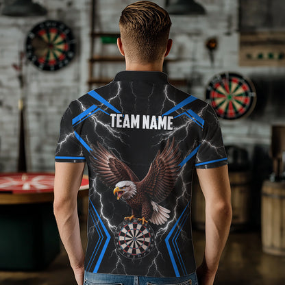 Male model wearing Thunder Lightning Eagle dart polo during tournament, eagle dart jersey, competitive athlete