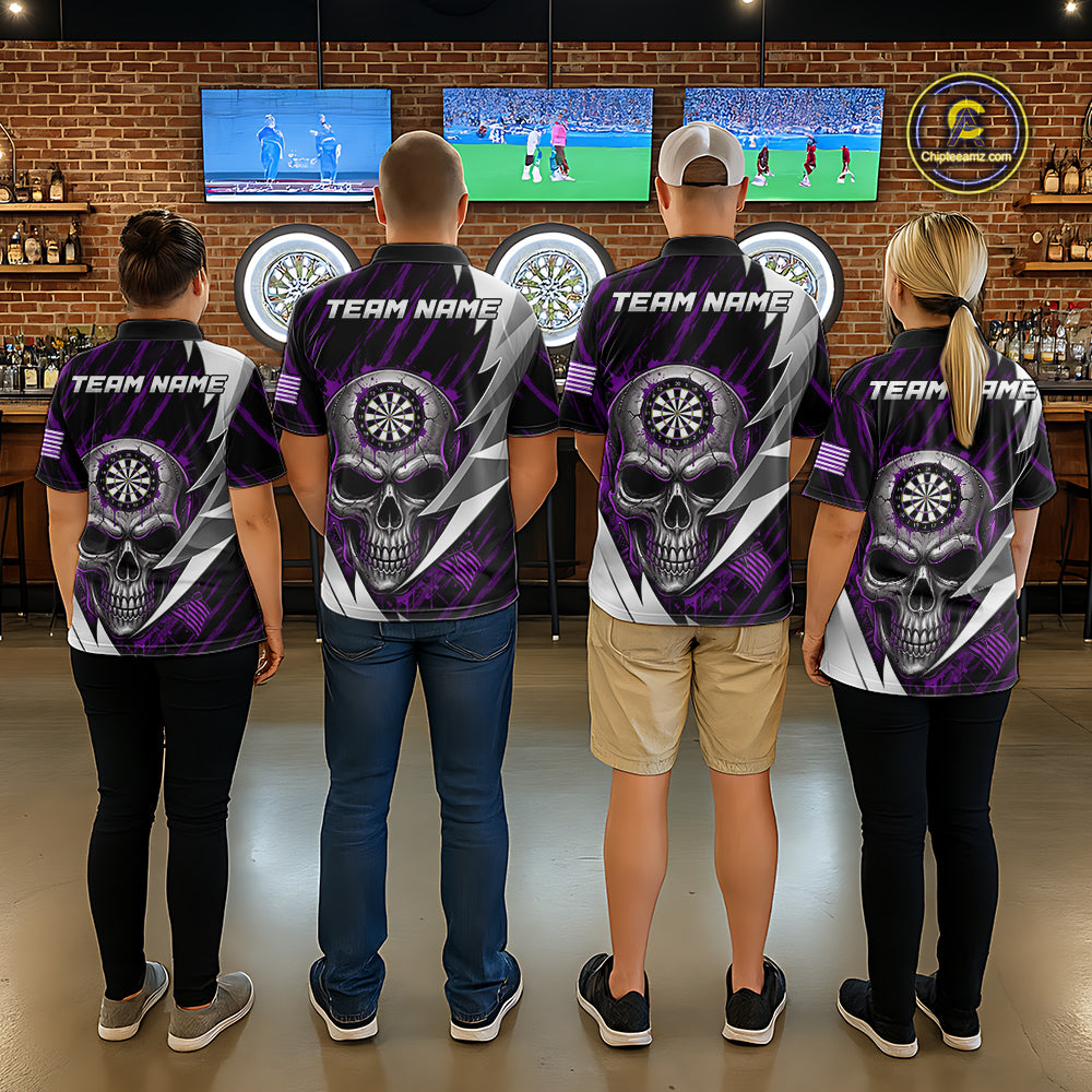 Silver Skull Purple Grunge US Flag Men Darts Quarter-Zip Shirt Custom Name Dart League Jerseys NYN2062