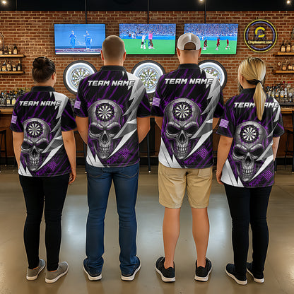 Silver Skull Purple Grunge US Flag Men Darts Quarter-Zip Shirt Custom Name Dart League Jerseys NYN2062