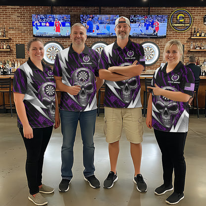 Silver Skull Purple Grunge US Flag Men Darts Quarter-Zip Shirt Custom Name Dart League Jerseys NYN2062