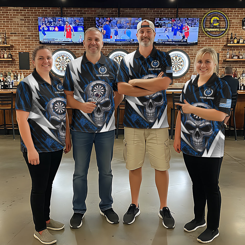 Silver Skull Blue Grunge US Flag Men Darts Polo Shirt Custom Name Dart League Jerseys NYN2063