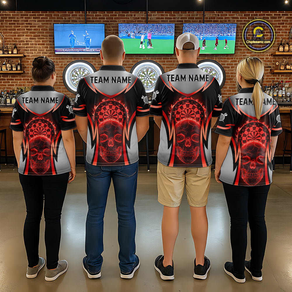 Silver Red Flaming Skull Dartboard Men Darts Polo Shirt Custom Team Dart League Jerseys NYN2071