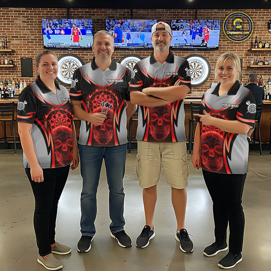 Silver Red Flaming Skull Dartboard Men Darts Quarter-Zip Shirt Custom Team Dart League Jerseys NYN2071