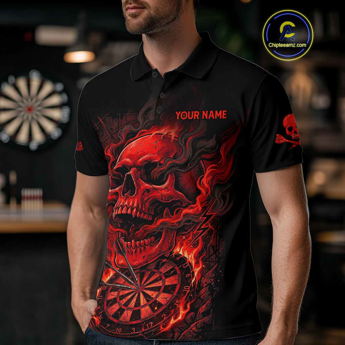 Fire Flame Skull Red Grunge Dartboard Custom Dart Polo Shirt For Men Dart League Jerseys NYN2092