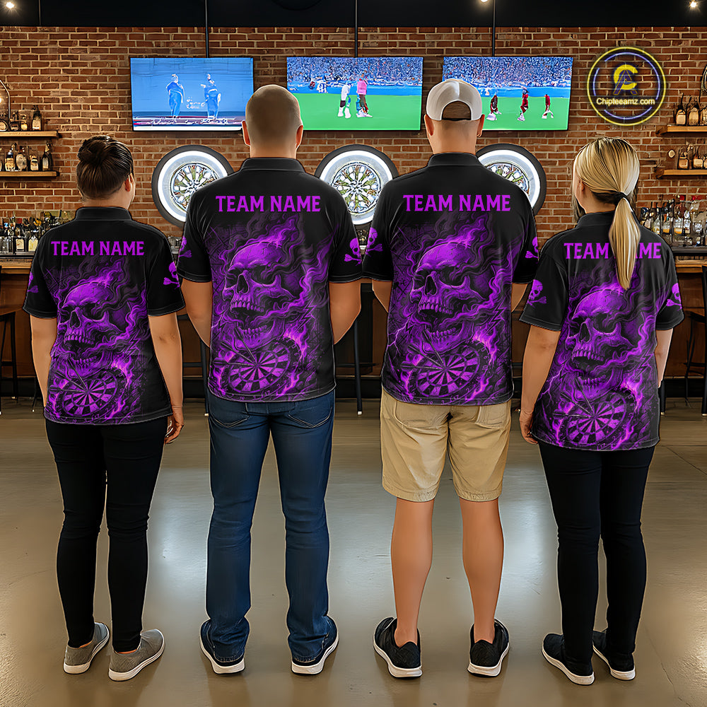 Fire Flame Skull Purple Grunge Dartboard Custom Dart Polo Shirt For Men Dart League Jerseys NYN2093