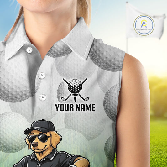 Funny Womens Golf Sleeveless Polo Shirt Custom Golden Retriever Golfer Grass Pattern Golf Team Outfits NYN3396