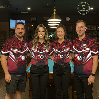 Black & Red Geometric 8 Ball Pool Polo & 1/4-Zip Shirt For Women Custom Pool Billiard Team Jerseys NYN2980