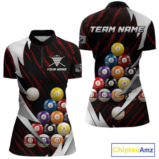 Red And Silver Pool Balls Billiard Team Polo & 1/4-Zip Shirt For Women Custom Billiard Apparel NYN2375