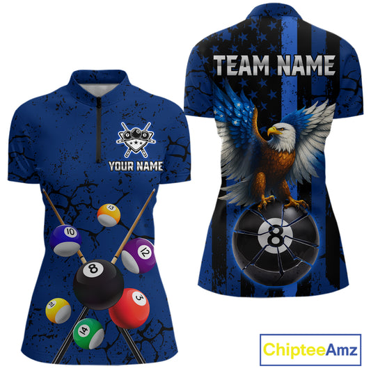 Eagle Crack 8 Ball Pool Women Billiard Team Shirt Custom Polo & 1/4-Zip Billiard Apparel|Blue NYN2382