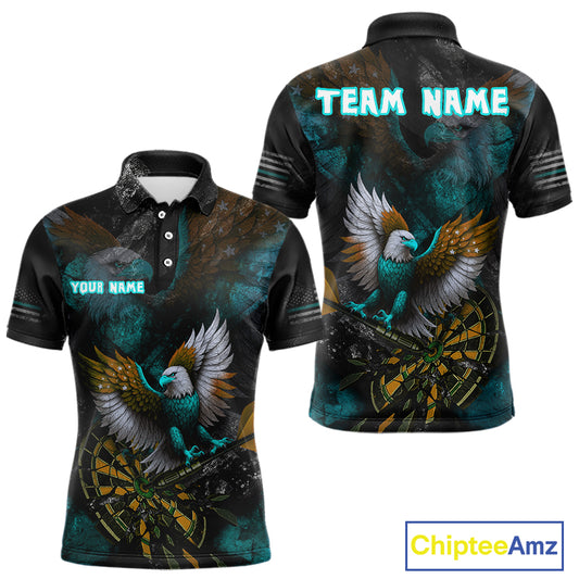 US Flag Eagle Cracked Dartboard Turquoise Men's Darts Shirt Custom Name For Players | Opt2 NYN0691