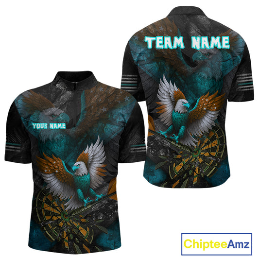 US Flag Eagle Cracked Dartboard Turquoise Men's Darts Shirt Custom Name For Players | Opt2 NYN0691