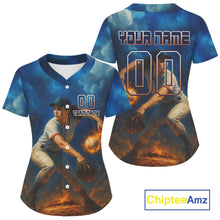 Load image into Gallery viewer, Custom Blue And Yellow Flames Baseball Ball Jersey For Women Youth Baseball Shirt NYN0943