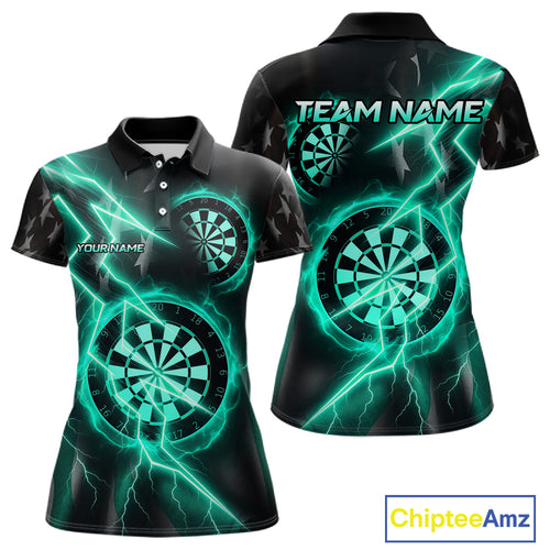 Custom Lightning Turquoise And Black Darts Polo Shirt For Women Darts Tournament Jerseys NYN0952