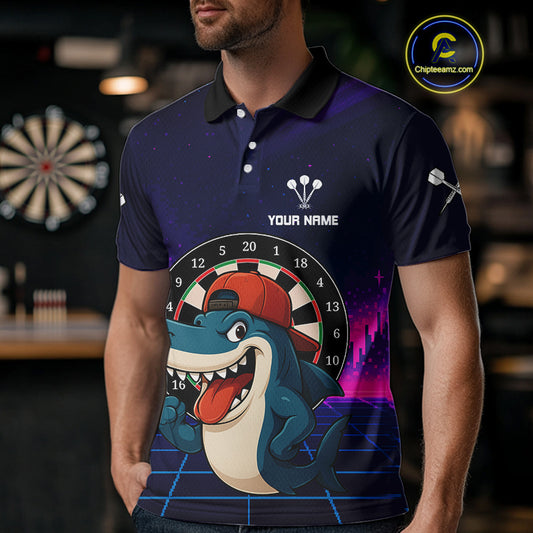 Neon Shark & Dartboard Custom Funny Polo Shirt For Men - Darts Team Jersey NYN0709