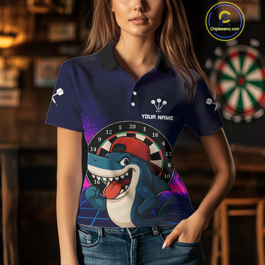 Neon Shark & Dartboard Custom Funny Polo Shirt For Women - Darts Team Jersey NYN0709