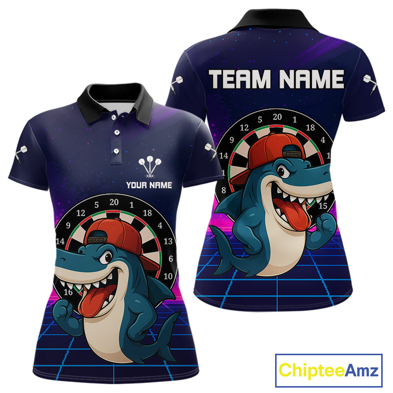 Neon Shark & Dartboard Custom Funny Polo Shirt For Women - Darts Team Jersey NYN0709