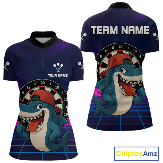 Neon Shark & Dartboard Custom Funny Quarter-Zip Shirt For Women - Darts Team Jersey NYN0709