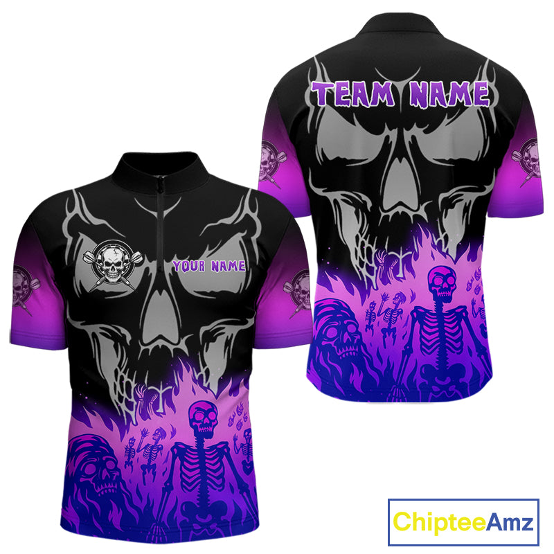 Purple Flaming Skull Dartboard Custom Quarter-Zip Shirt For Men - Darts Team Jersey NYN0714