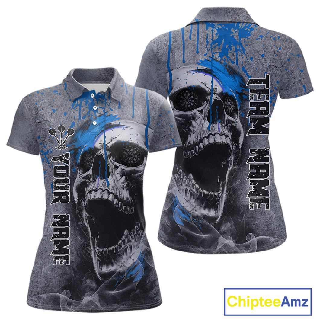Custom Blue Dripping Skull Grunge Polo Dart Shirt For Women Dartboard Outfits Dart Jersey NYN1320