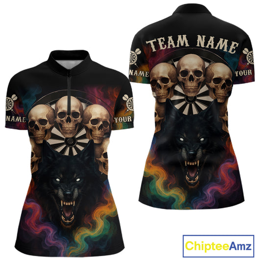 Custom Wolf Skulls Women's 1/4-Zip Dart Shirt Colorful Smoke Dart Outfits Jerseys For Darters NYN1323