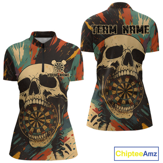 Custom Colorful Skull Grunge 1/4-Zip Dart Jerseys For Women Skull Dartboard Outfits Dart Shirts NYN1325