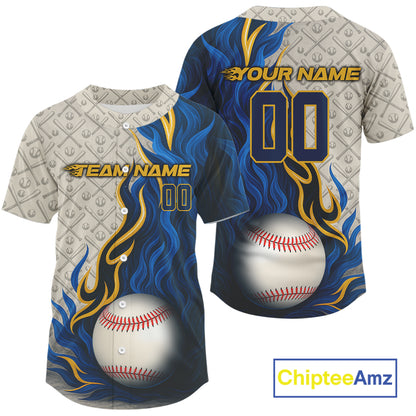 Custom Yellow And Blue Flames Baseball Ball Shirt For Men Youth Baseball Team Jerseys NYN1329