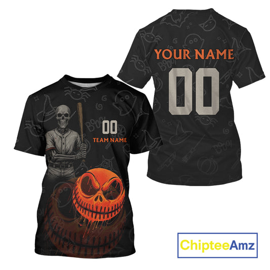 Custom Funny Halloween Men Baseball Ball T-Shirt Skull Halloween Baseball Tournament Shirt NYN0962