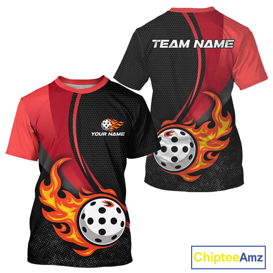 Custom Black And Red Flames Pickleball Ball T-Shirt For Men Outfits Pickleball Jerseys NYN1338