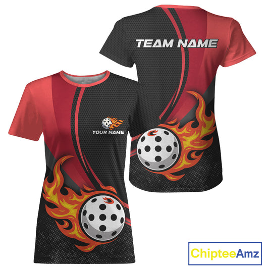 Custom Black And Red Flames Pickleball Ball T-Shirt For Women Outfits Pickleball Jerseys NYN1338