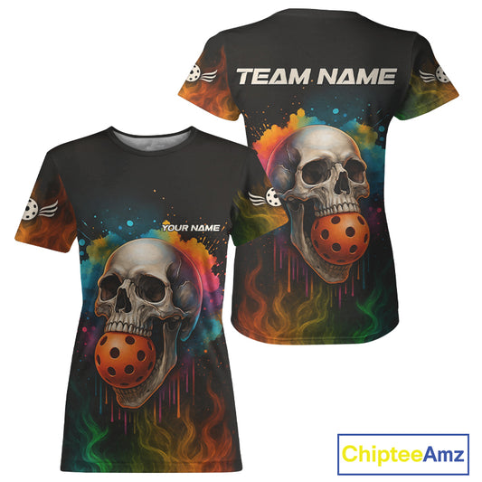 Custom Smoke Colorful Skull Pickleball Ball T-Shirt For Women Skull Pickleball Jerseys NYN1339