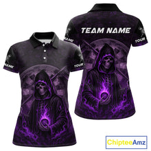 Load image into Gallery viewer, Custom Black-Purple Flames Skull Dartboard Darts Polo Jerseys For Women, Darts Fan Uniform NYN0984
