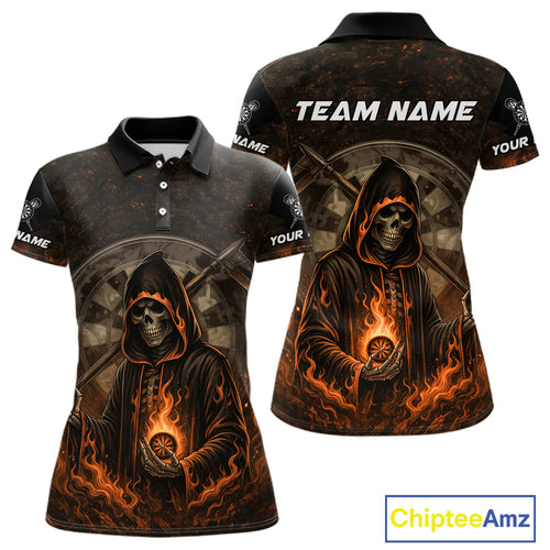 Custom Black-Orange Flames Skull Dartboard Darts Polo Jerseys For Women, Darts Fan Uniform NYN0986