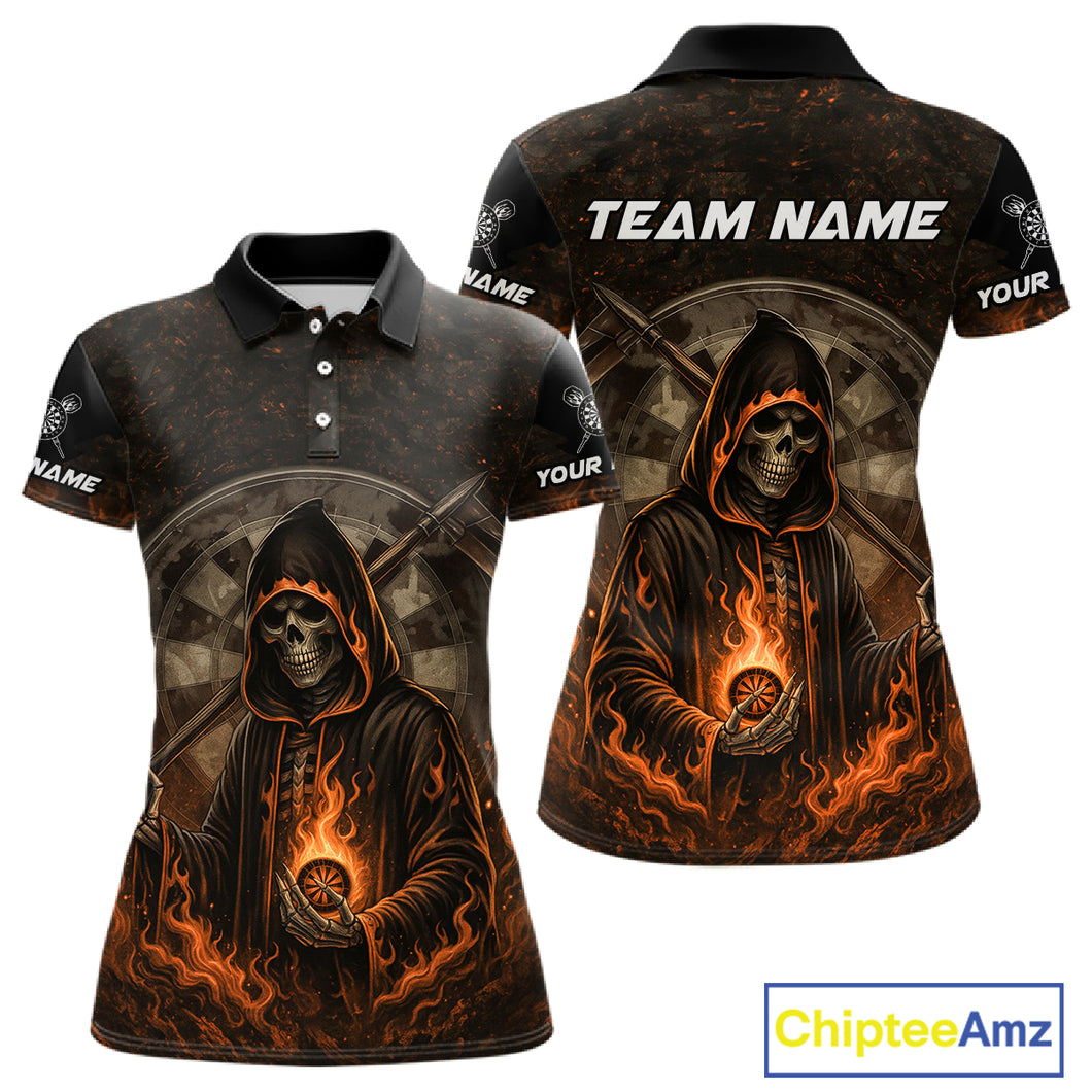Custom Black-Orange Flames Skull Dartboard Darts Polo Jerseys For Women, Darts Fan Uniform NYN0986