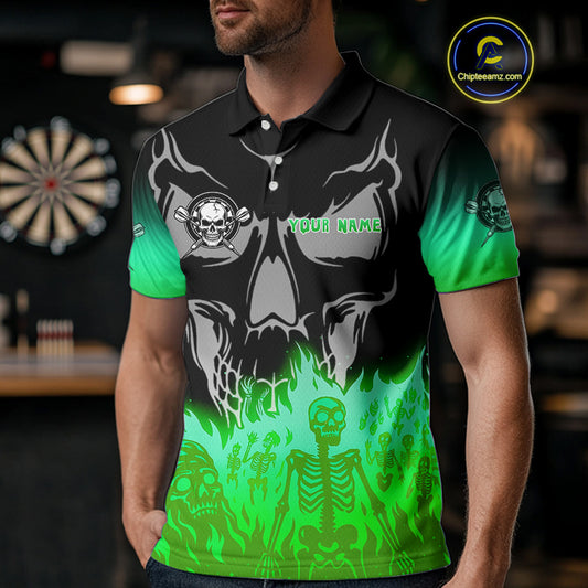 Green Flaming Skull Dartboard Polo Dart Shirt For Men Custom Outfits Darts Team Jersey NYN0997