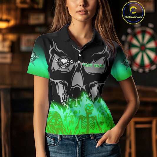 Green Flaming Skull Dartboard Polo Dart Shirt For Women Custom Outfits Darts Team Jersey NYN0997
