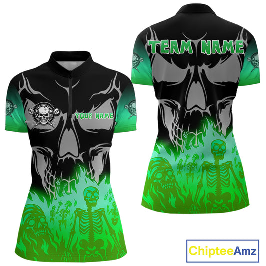 Green Flaming Skull Dartboard 1/4-Zip Dart Shirt For Women Custom Outfits Darts Team Jersey NYN0997