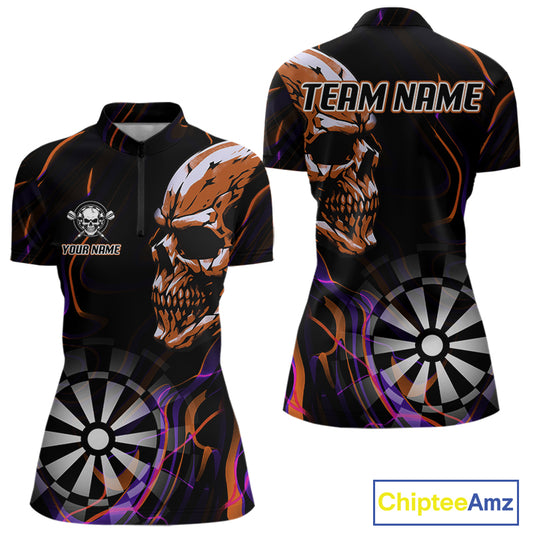 Custom Orange And Purple Skull Dartboard 1/4-Zip Dart Shirts For Women Darts Team Jersey NYN1000
