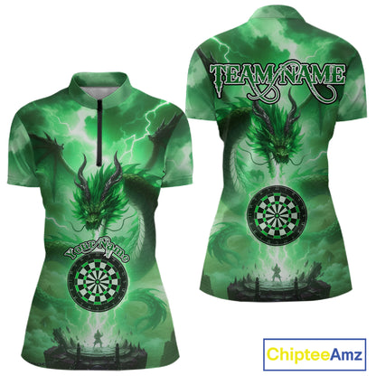 Custom Lightning Green Thunder Dragon Dartboard 1/4-Zip Dart Shirt For Women, Darts Team Jersey NYN1012