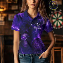 Load image into Gallery viewer, Personalized Purple Flames Skull Dartboard Darts Jersey Custom Women&#39;s Skull Darts Polo Shirt NYN1029