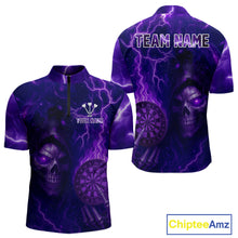 Load image into Gallery viewer, Personalized Purple Flames Skull Dartboard Darts Jersey Custom Men's Skull Darts 1/4-Zip Shirt NYN1029