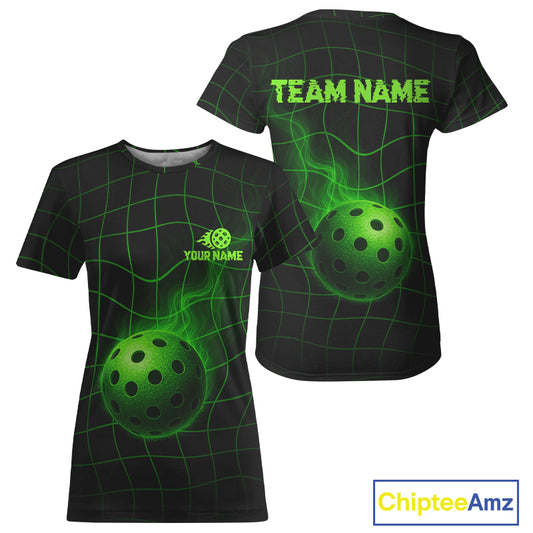 Custom Black And Green Flames Pickleball T-Shirt For Women Outfits Pickleball Jersey NYN1377