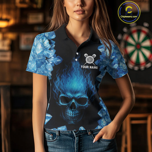 Ice Flame Skull & Dartboard Custom Darts Polo Shirt For Women - Darts Team Jersey NYN0743